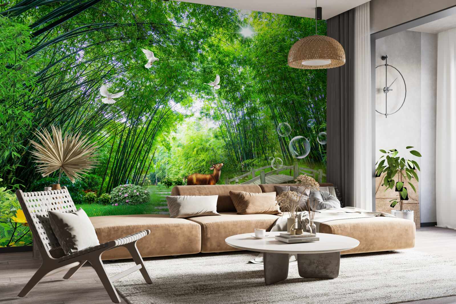 Fotobehang in een groen struikgewas loopt een hert door een houten doorgang