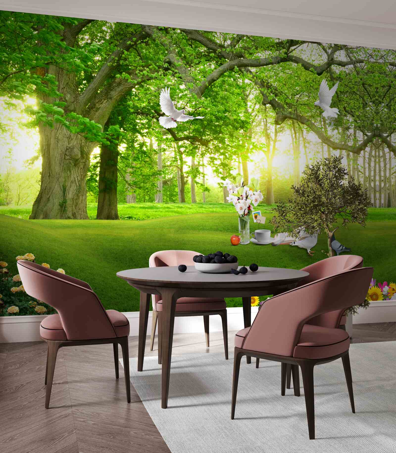 Fotobehang vredig groen gazon bij zonsopgang