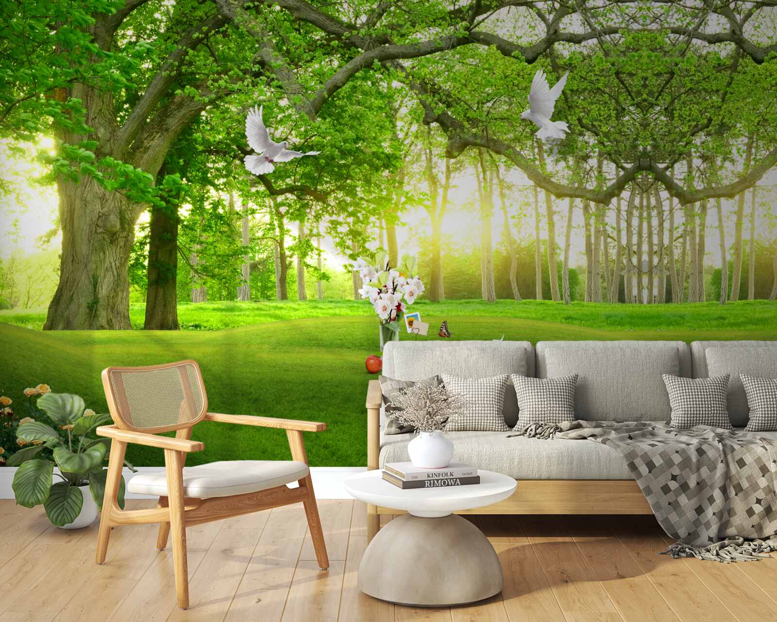 Fotobehang vredig groen gazon bij zonsopgang