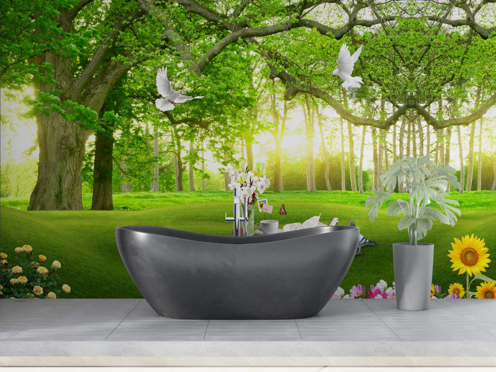 Fotobehang vredig groen gazon bij zonsopgang