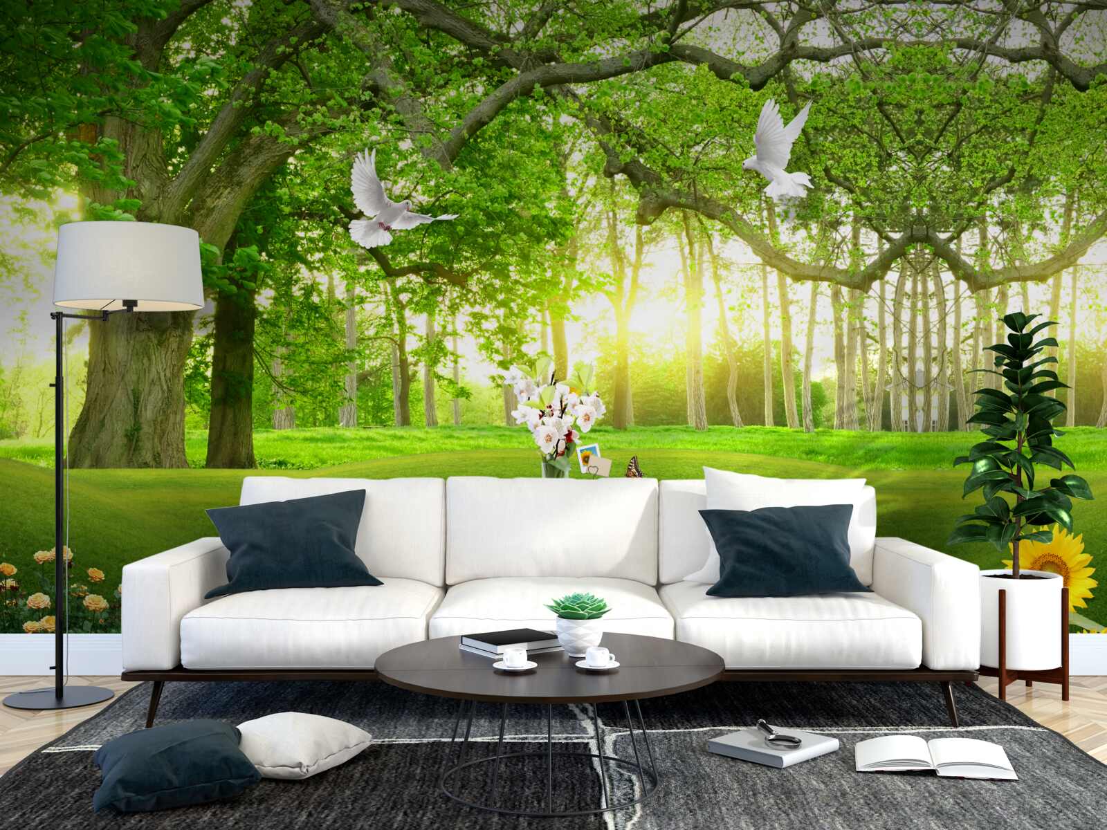 Fotobehang vredig groen gazon bij zonsopgang