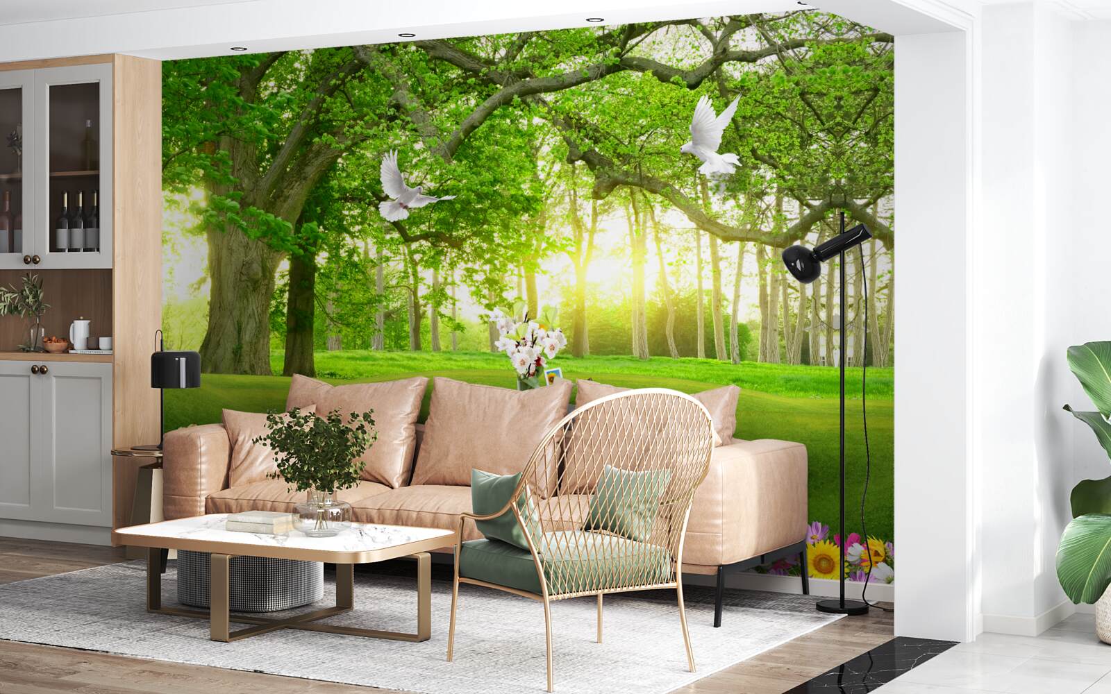 Fotobehang vredig groen gazon bij zonsopgang