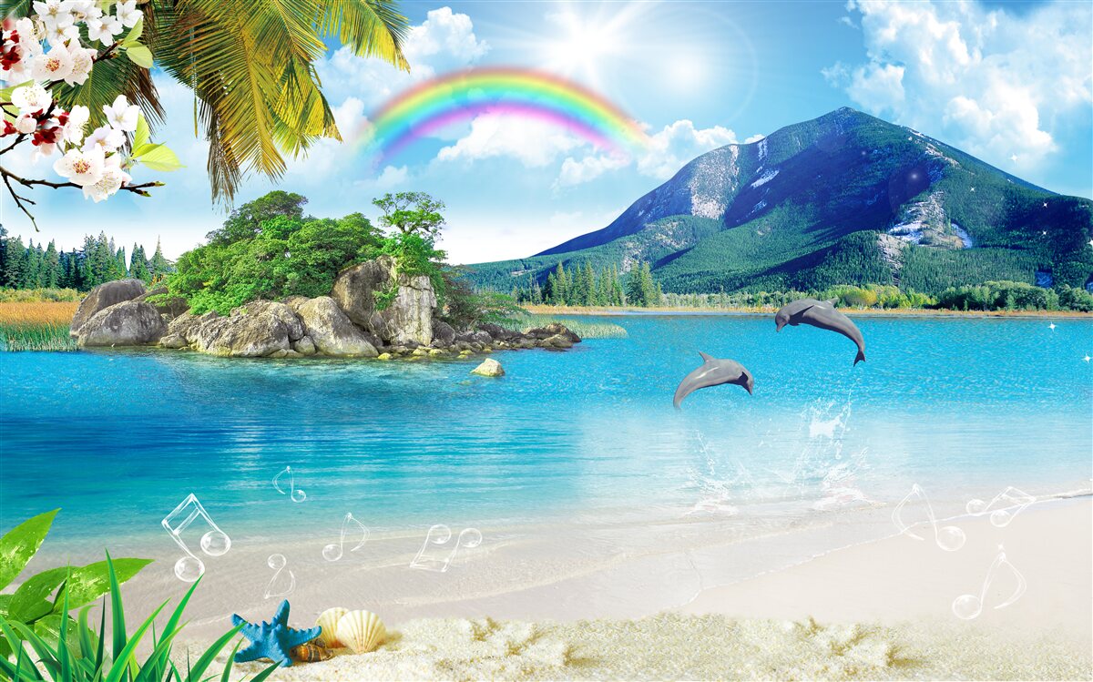 Fotobehang een regenboog schijnt op de kust