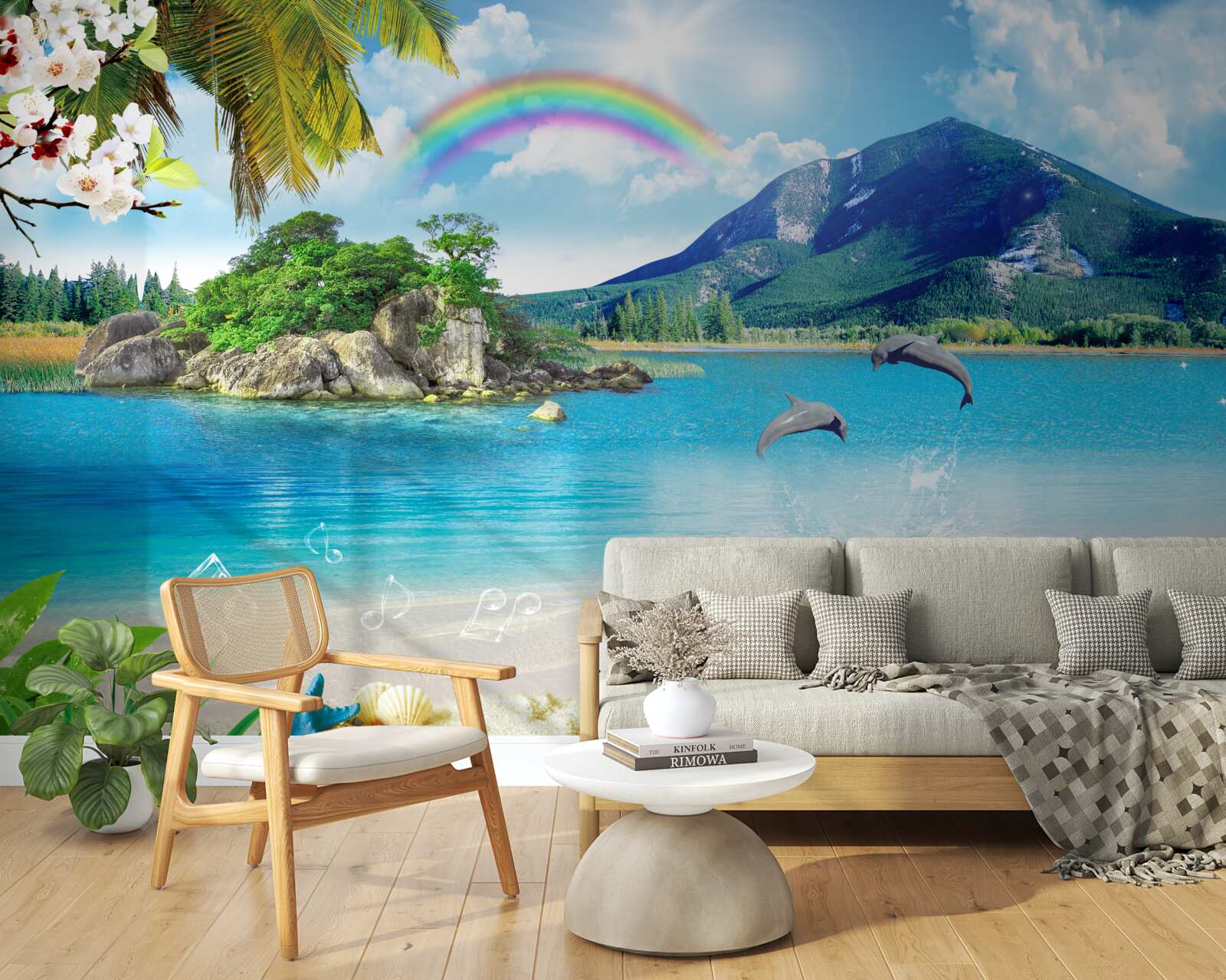 Fotobehang een regenboog schijnt op de kust