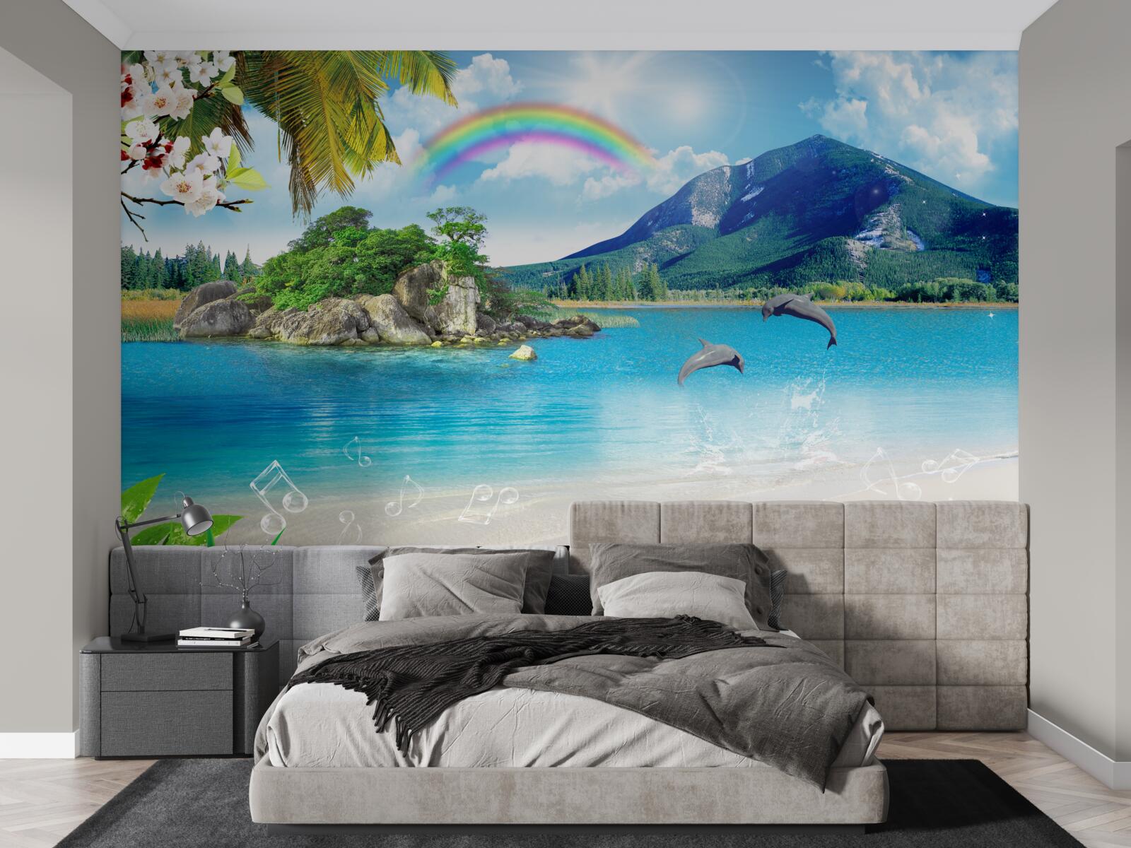 Fotobehang een regenboog schijnt op de kust