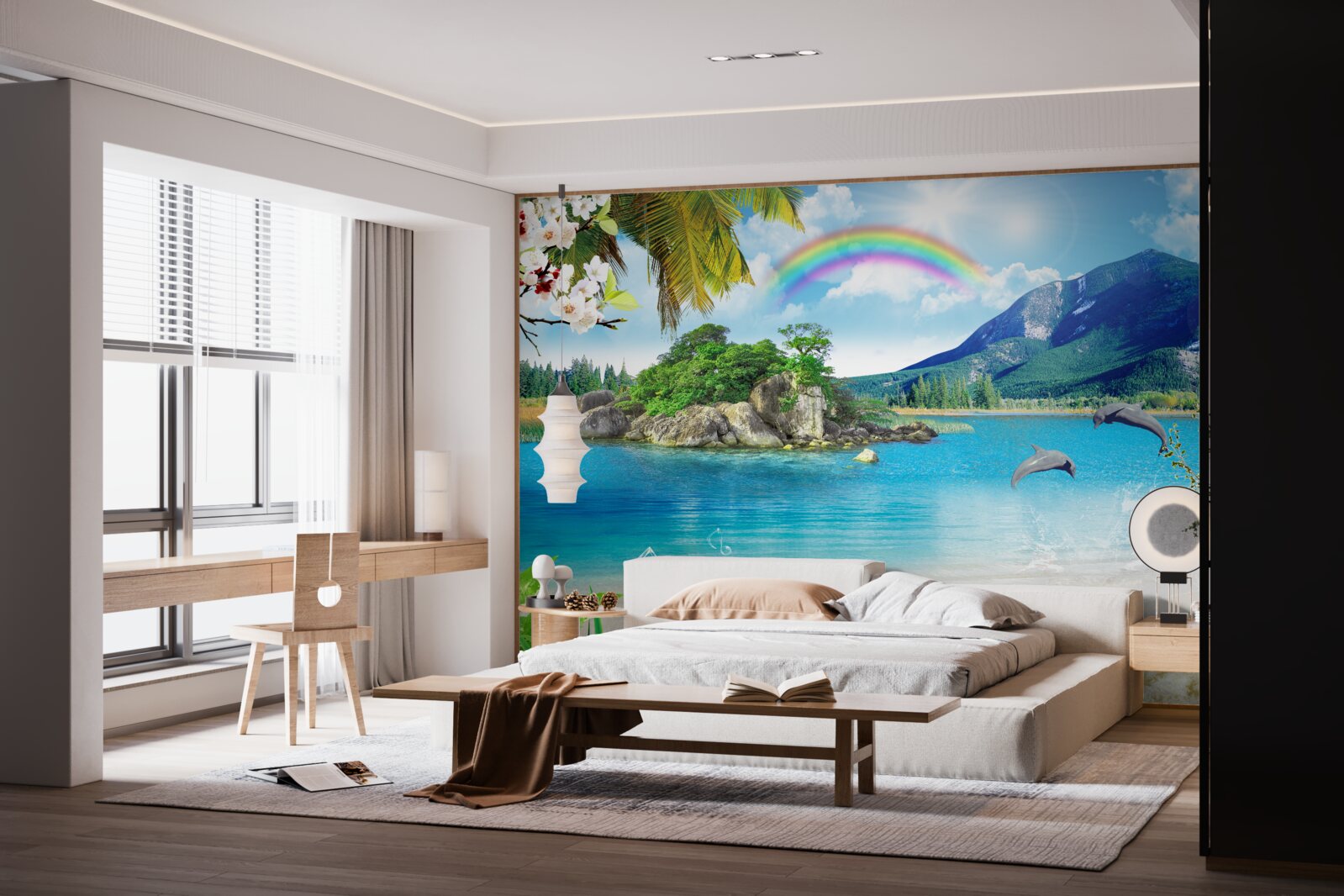 Fotobehang een regenboog schijnt op de kust