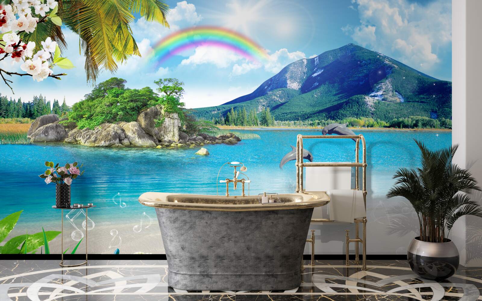 Fotobehang een regenboog schijnt op de kust