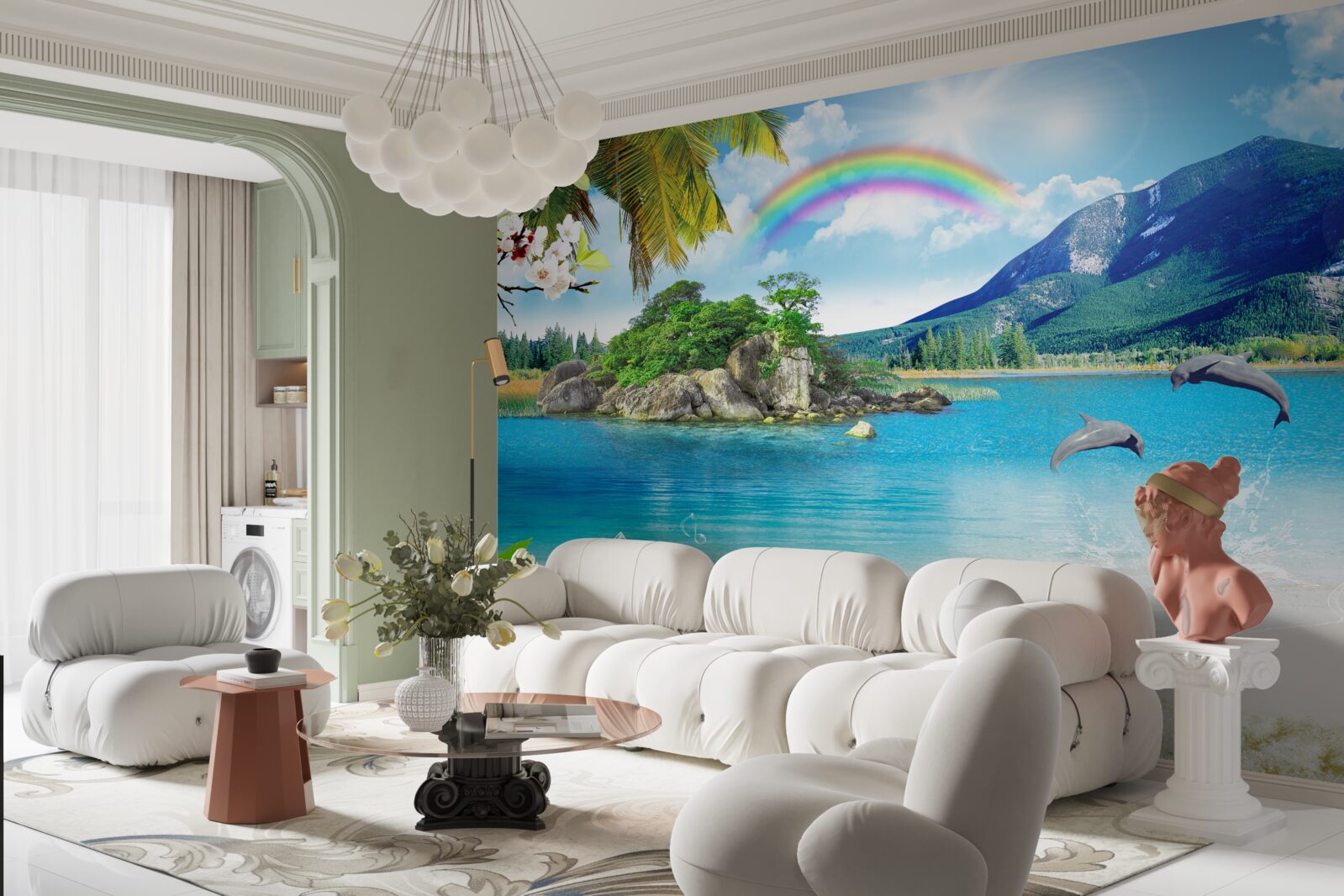 Fotobehang een regenboog schijnt op de kust