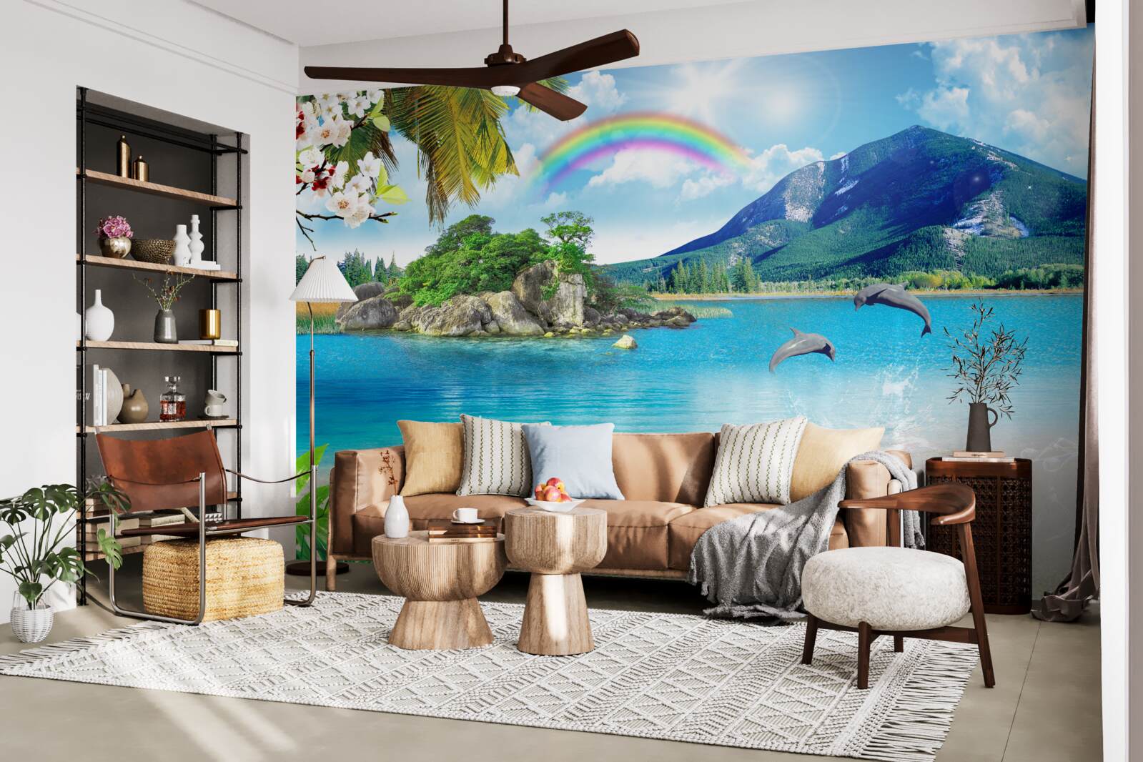 Fotobehang een regenboog schijnt op de kust