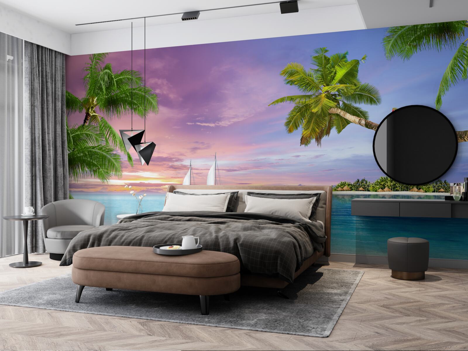 Fotobehang jachten met zeilen bij de kust