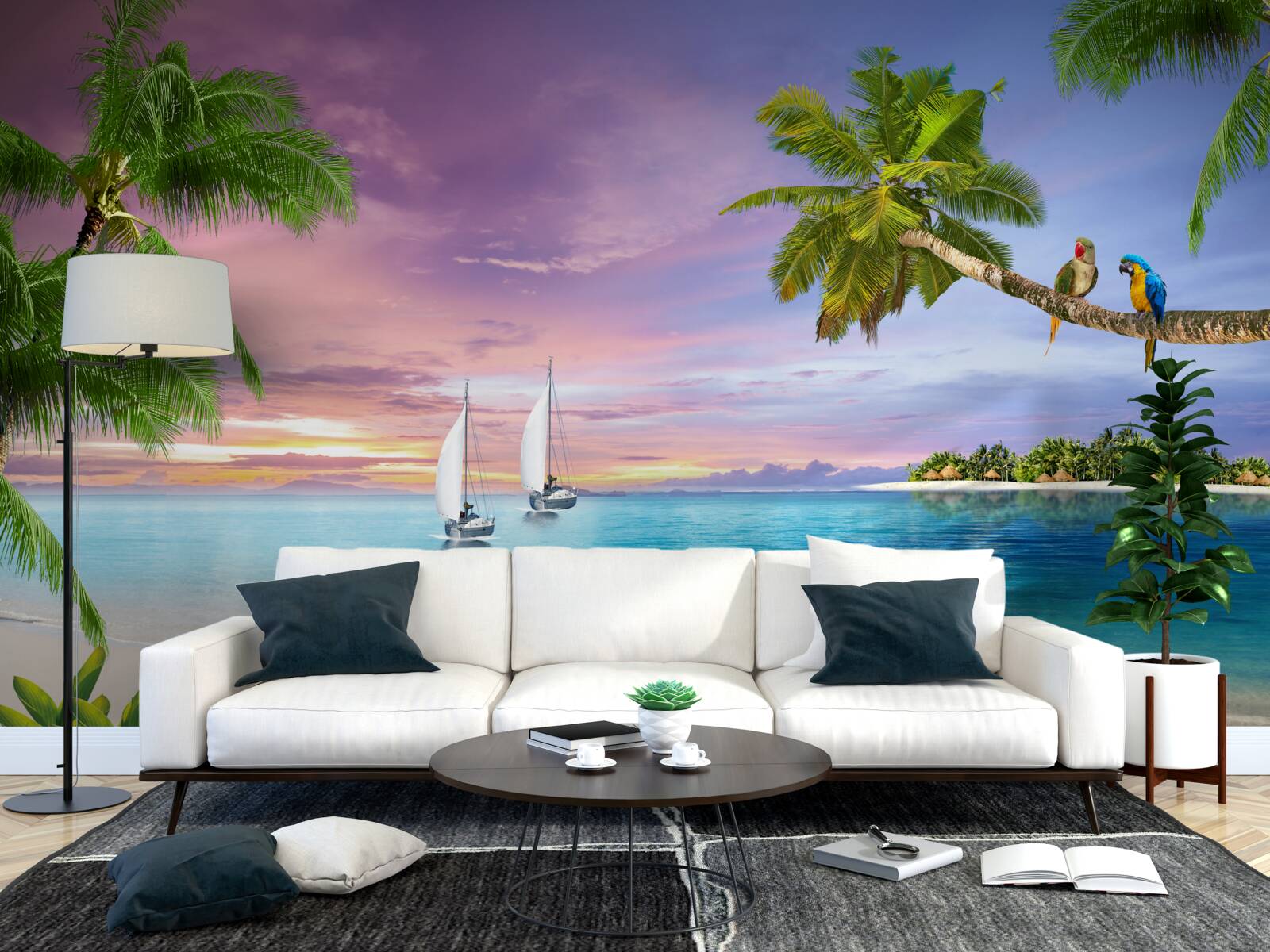 Fotobehang jachten met zeilen bij de kust