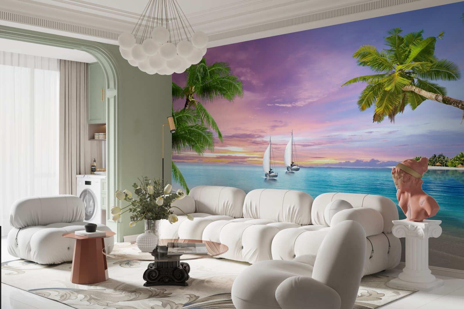 Fotobehang jachten met zeilen bij de kust