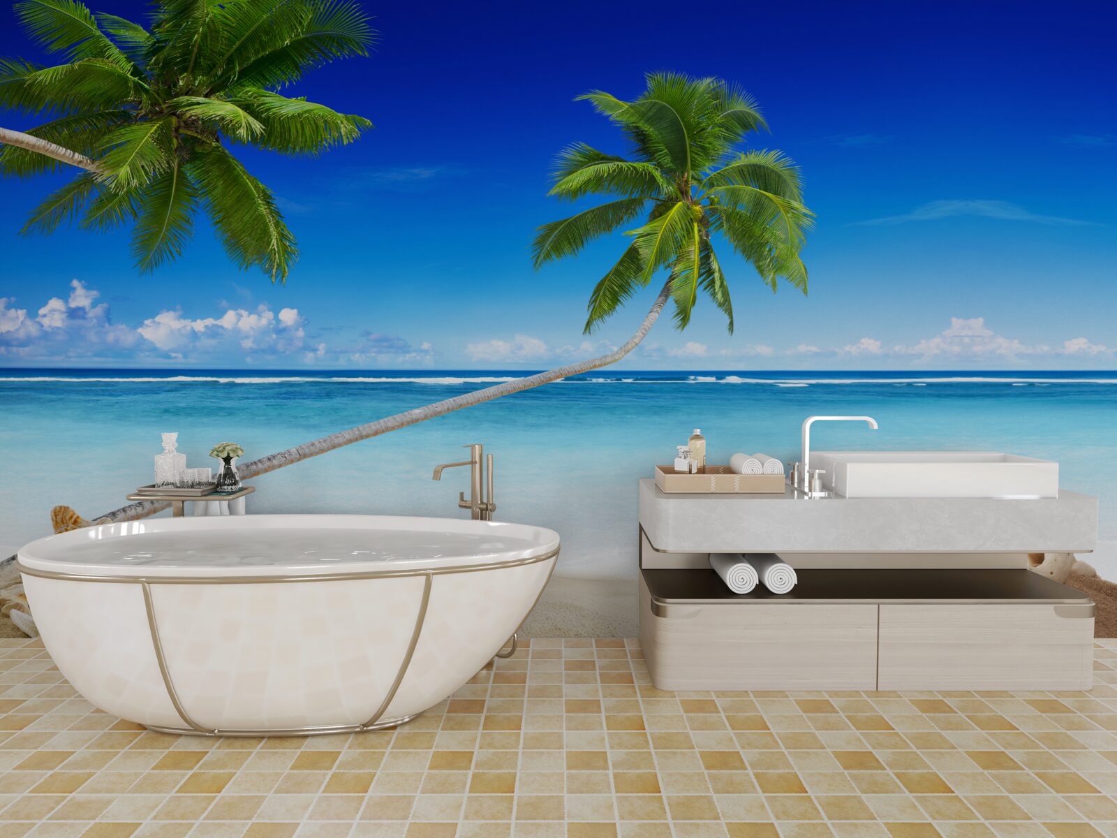 Fotobehang tropisch strand en palmbomen waar stilte heerst