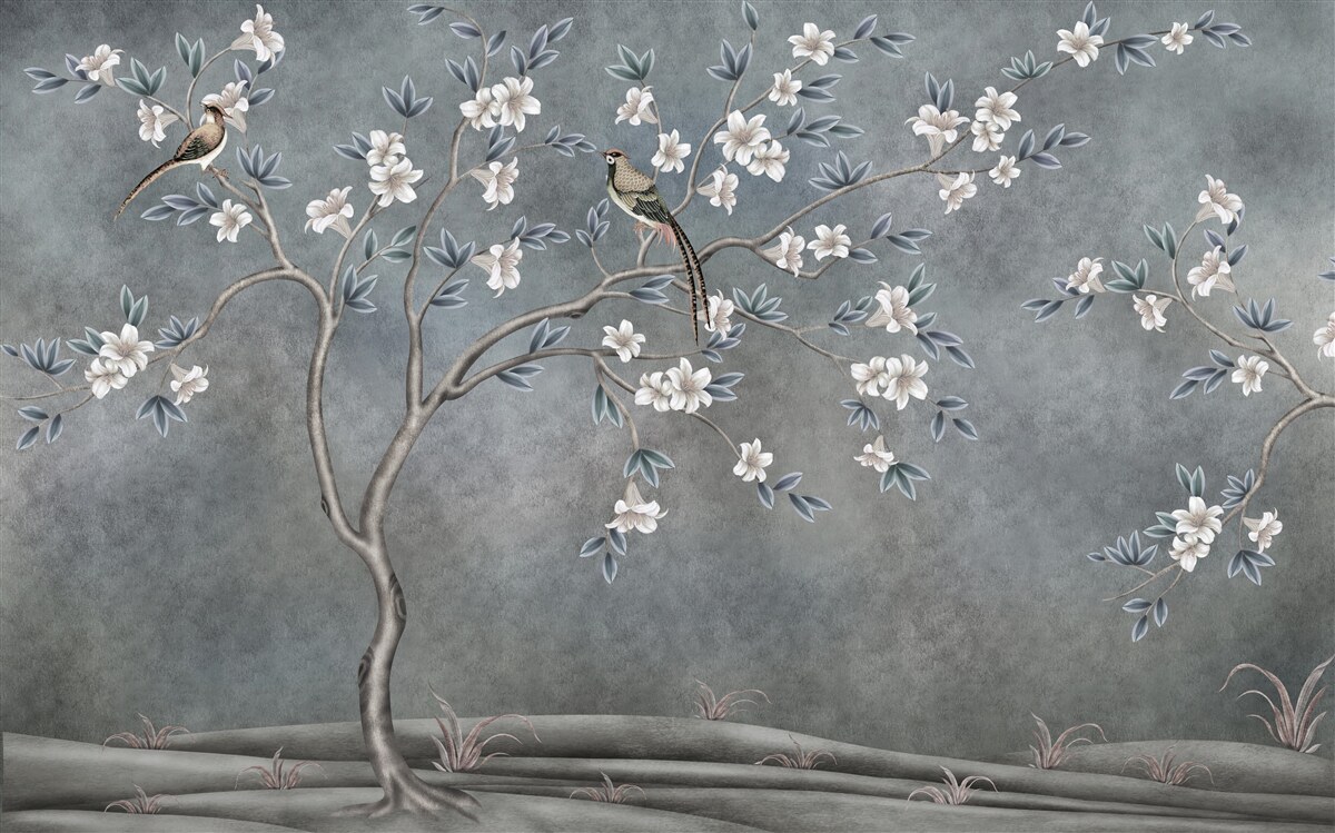 Fotobehang bomen met witte bloemen zijn versierd met vogels