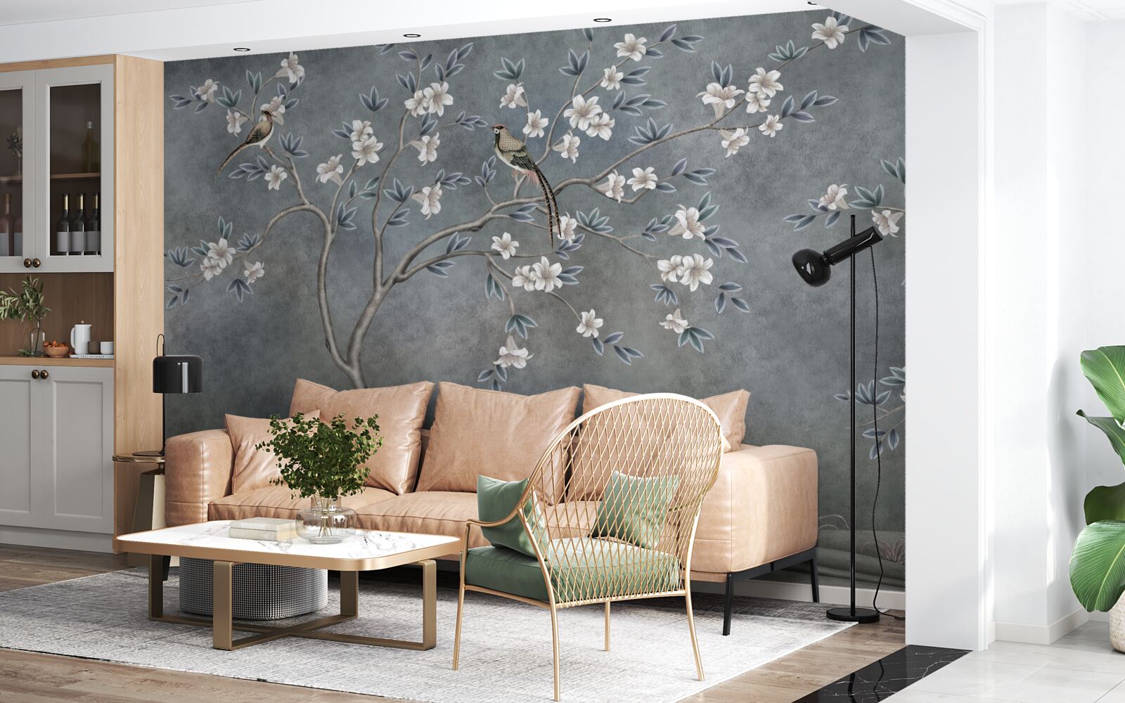 Fotobehang bomen met witte bloemen zijn versierd met vogels