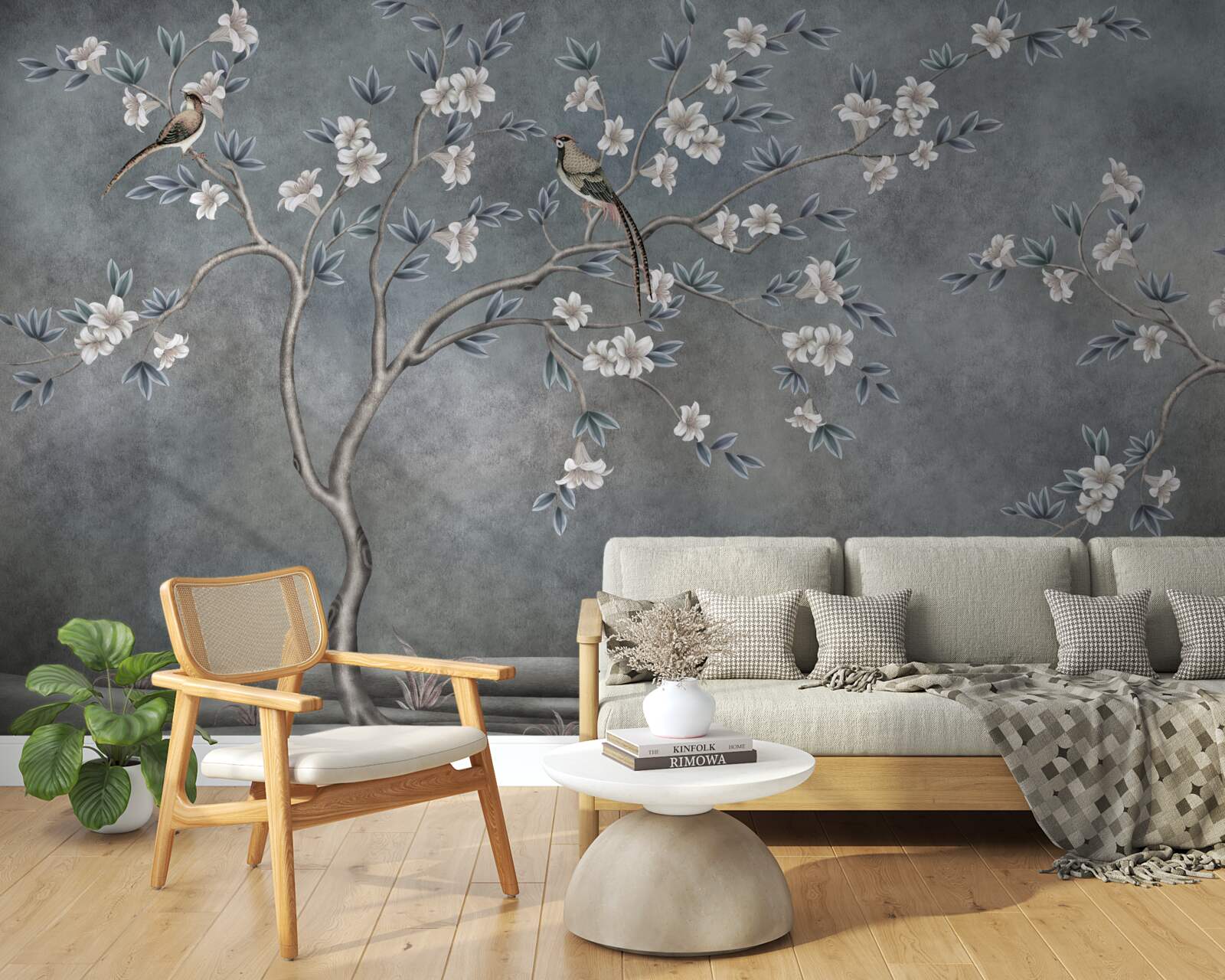 Fotobehang bomen met witte bloemen zijn versierd met vogels