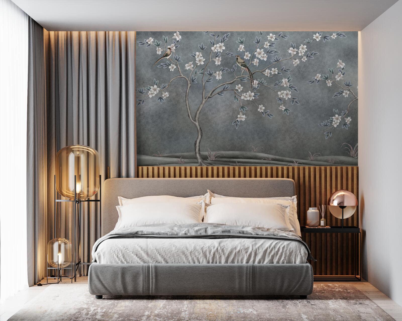 Fotobehang bomen met witte bloemen zijn versierd met vogels