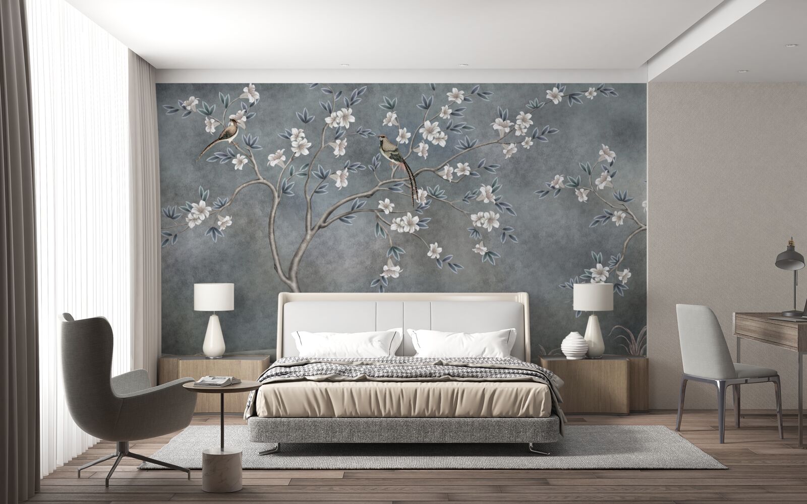 Fotobehang bomen met witte bloemen zijn versierd met vogels