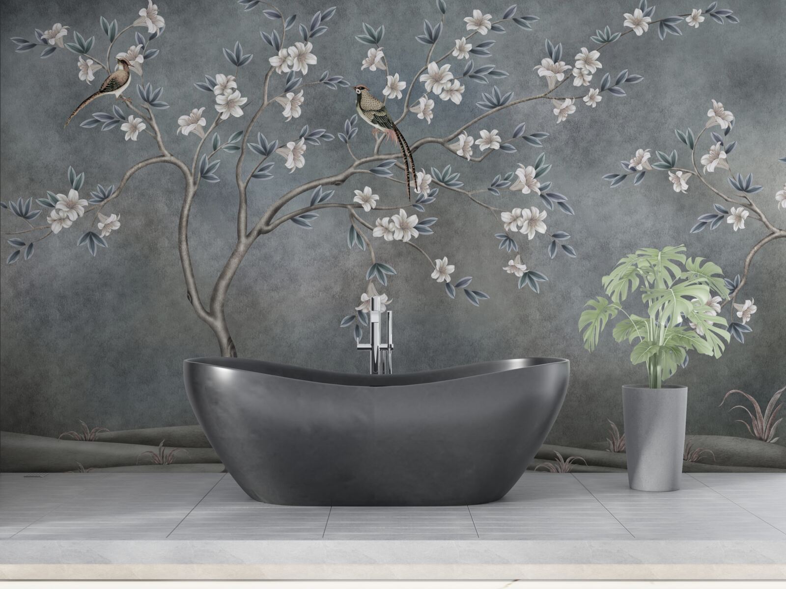 Fotobehang bomen met witte bloemen zijn versierd met vogels