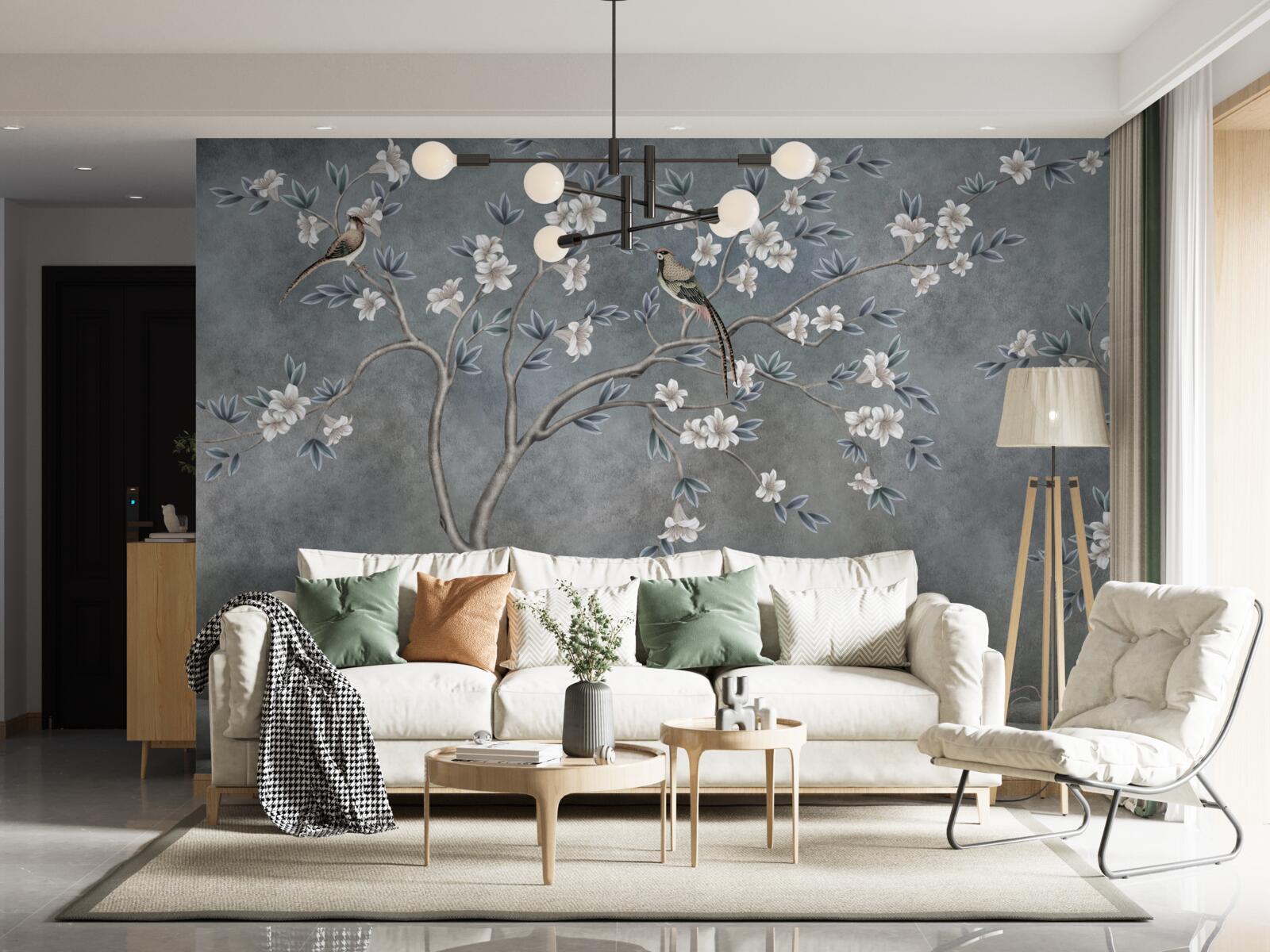 Fotobehang bomen met witte bloemen zijn versierd met vogels