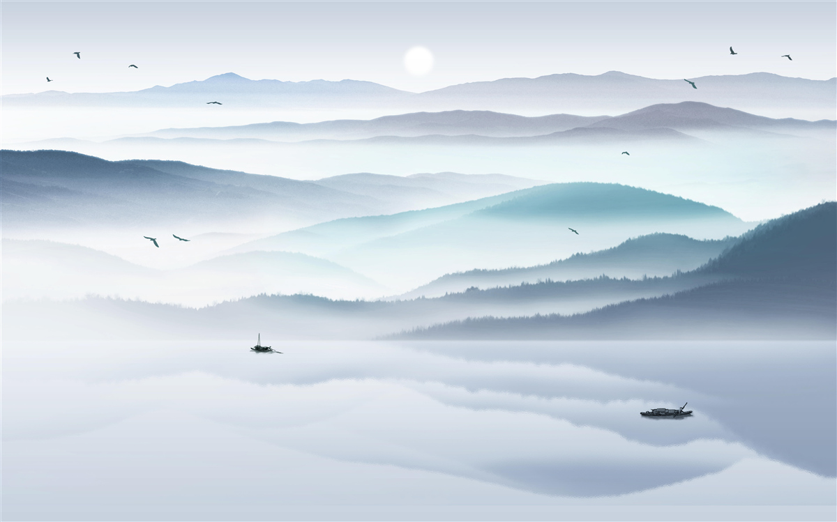 Fotobehang mist komt opzetten en bedekt de bergrivier met een dikke sluier