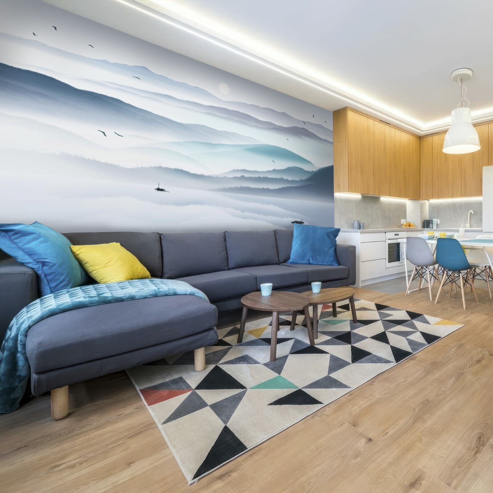 Fotobehang mist komt opzetten en bedekt de bergrivier met een dikke sluier