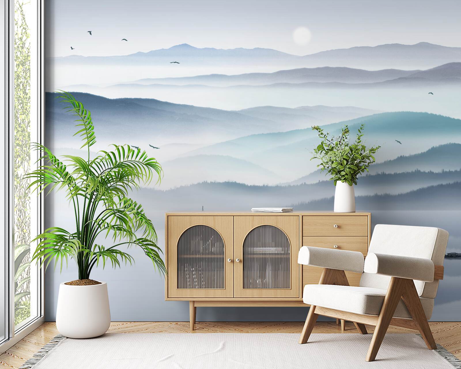 Fotobehang mist komt opzetten en bedekt de bergrivier met een dikke sluier