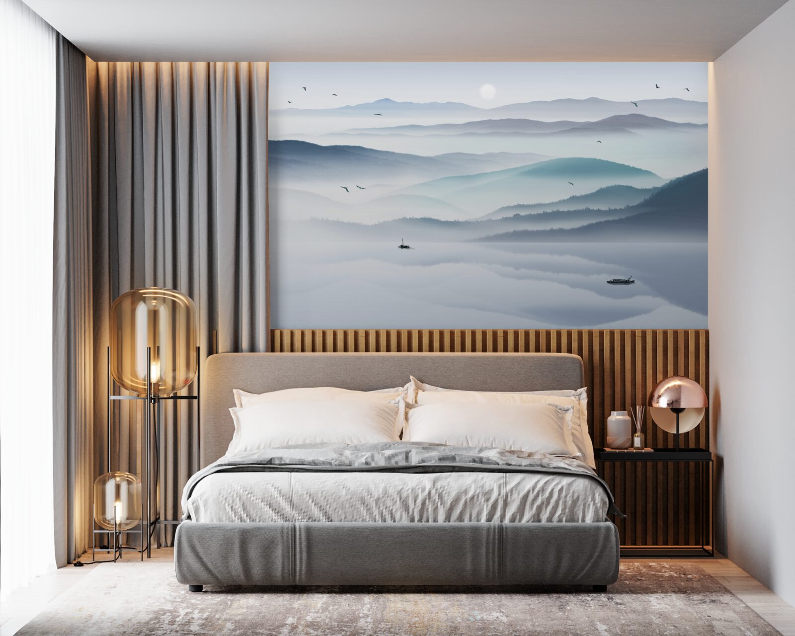 Fotobehang mist komt opzetten en bedekt de bergrivier met een dikke sluier