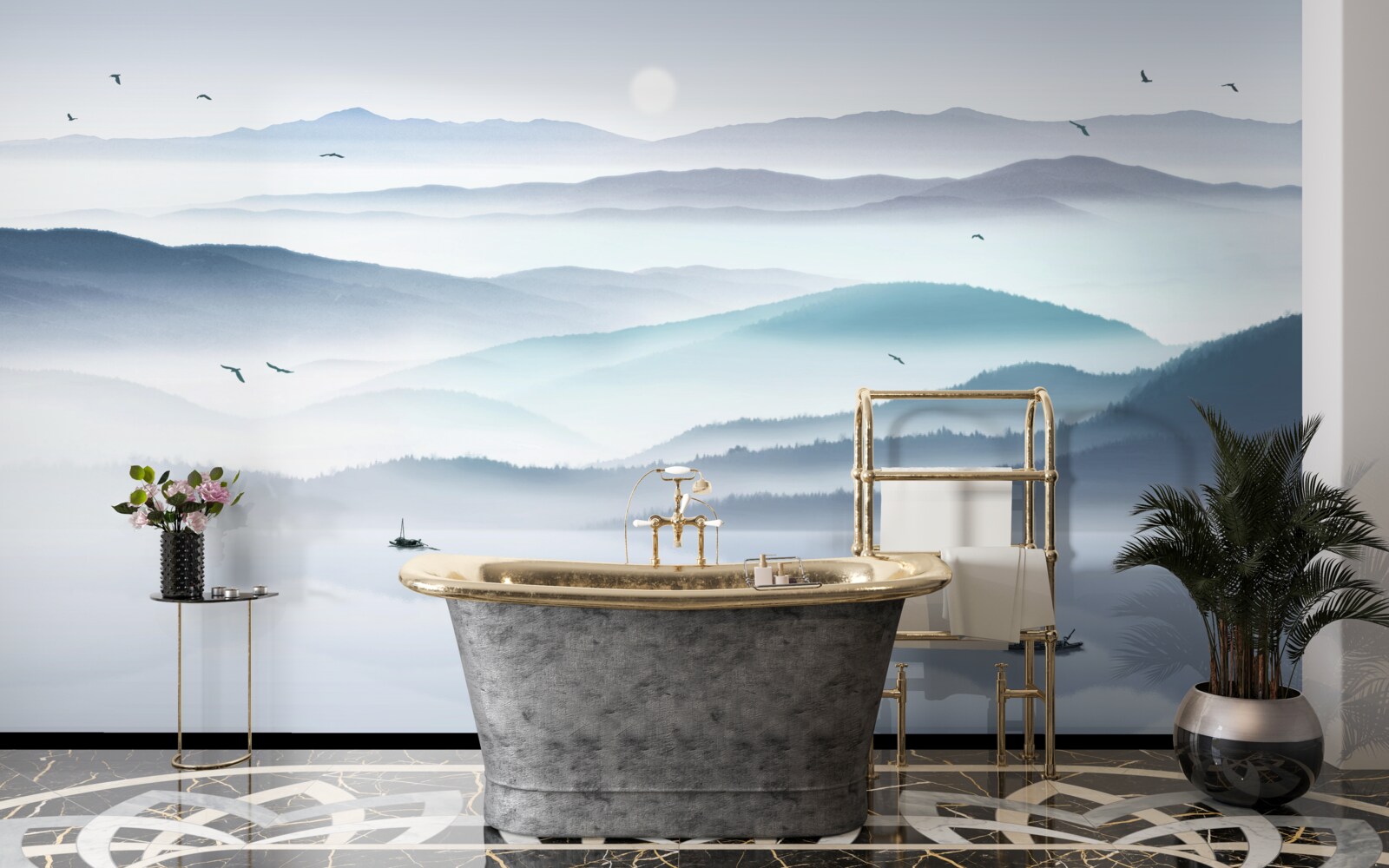 Fotobehang mist komt opzetten en bedekt de bergrivier met een dikke sluier