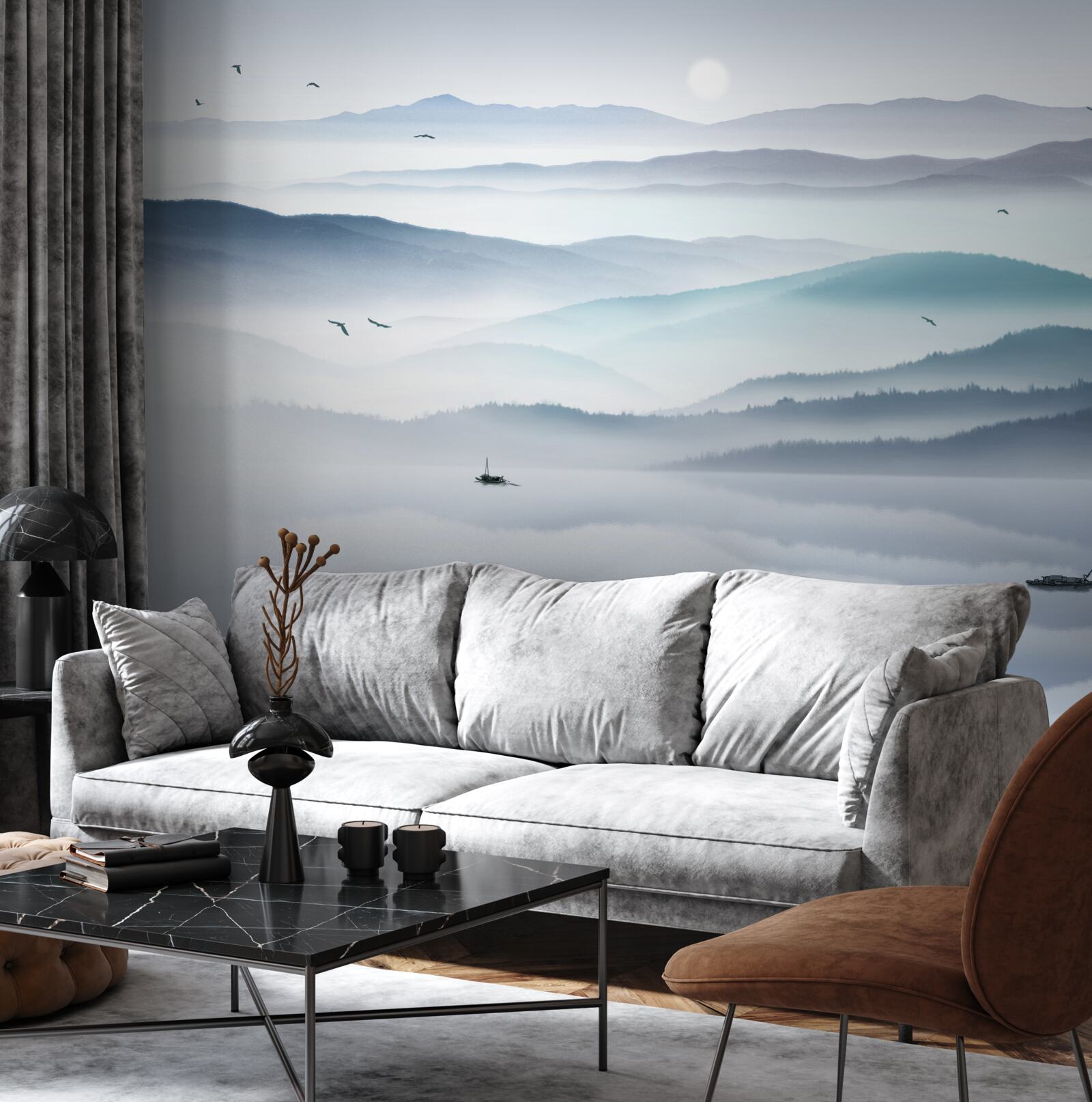 Fotobehang mist komt opzetten en bedekt de bergrivier met een dikke sluier