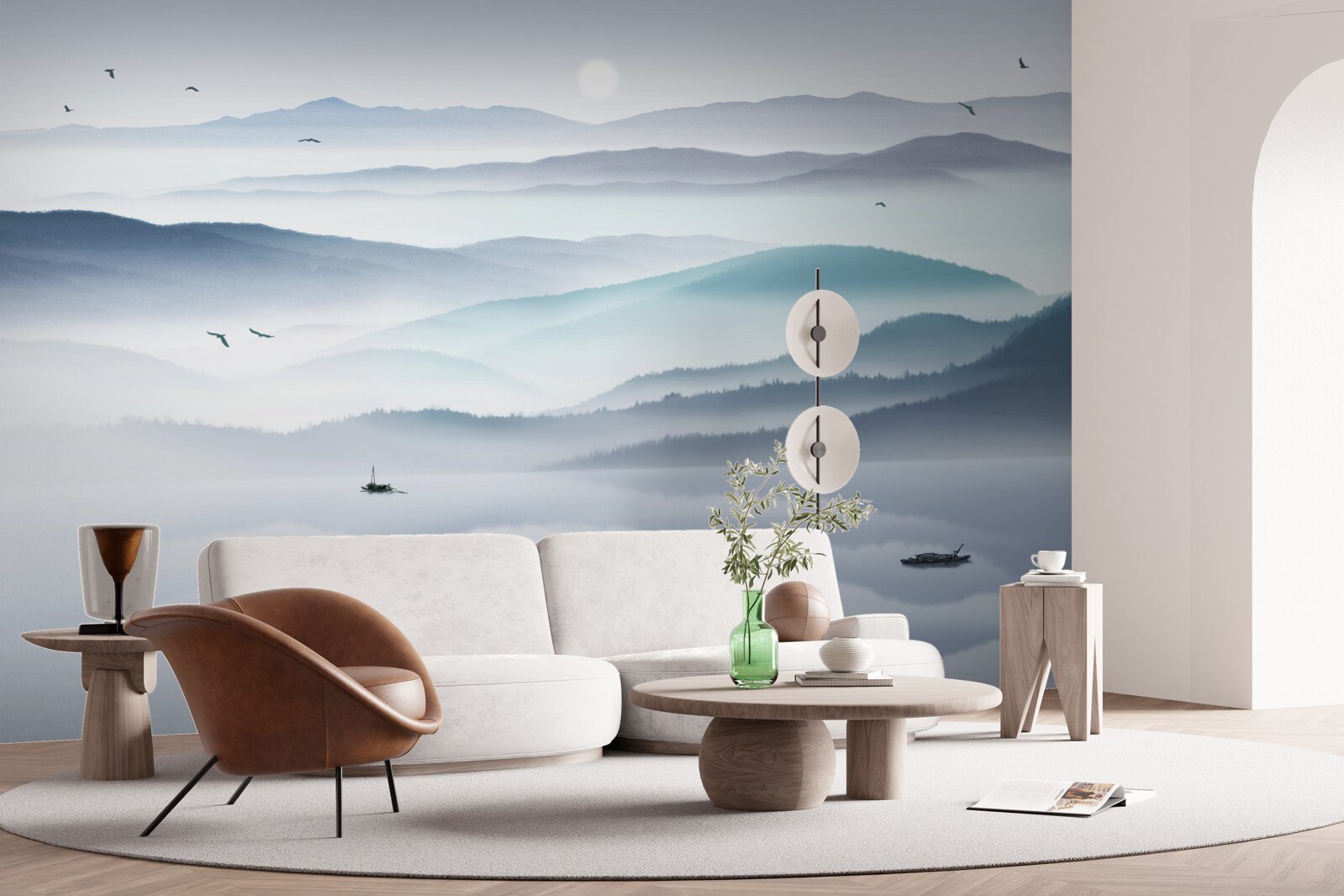 Fotobehang mist komt opzetten en bedekt de bergrivier met een dikke sluier