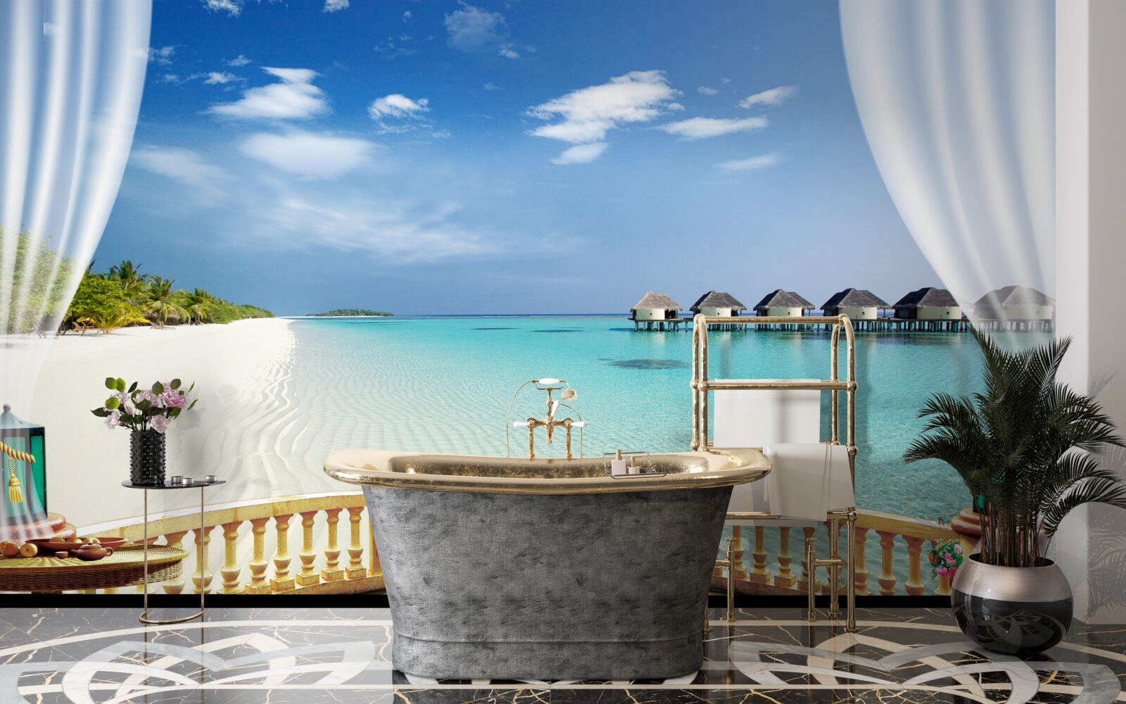 Fotobehang uitzicht op de oceaan vanaf de veranda