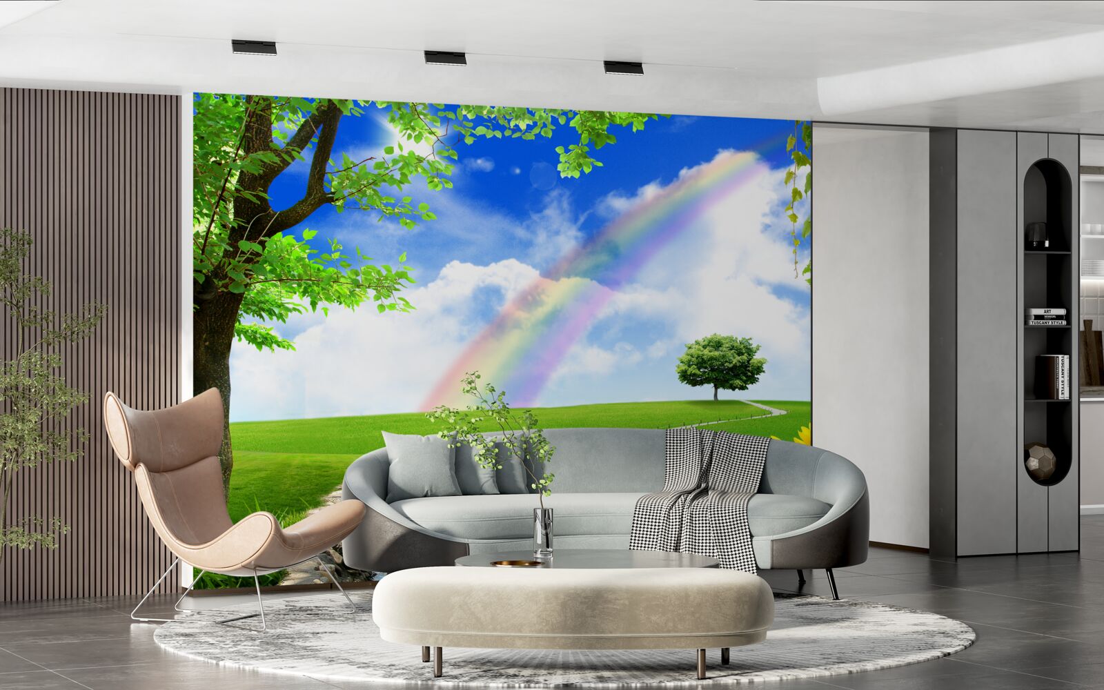 Fotobehang gekleurde gloed over een groene open plek