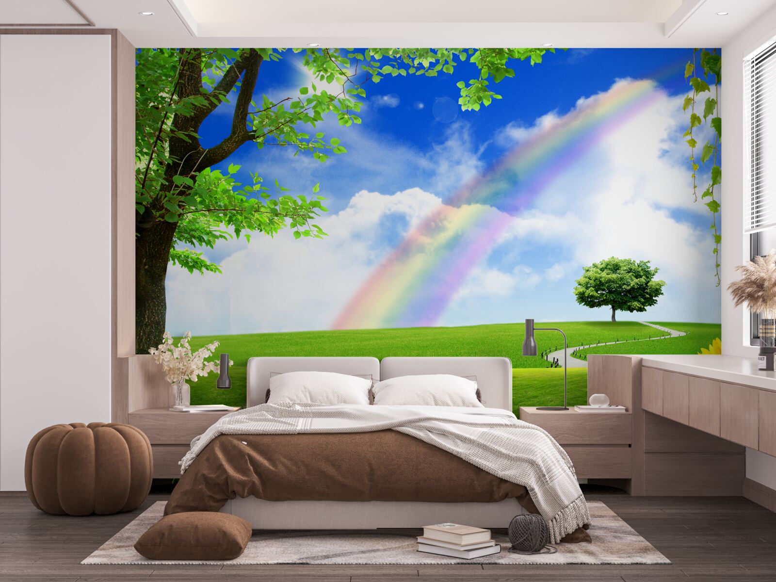 Fotobehang gekleurde gloed over een groene open plek