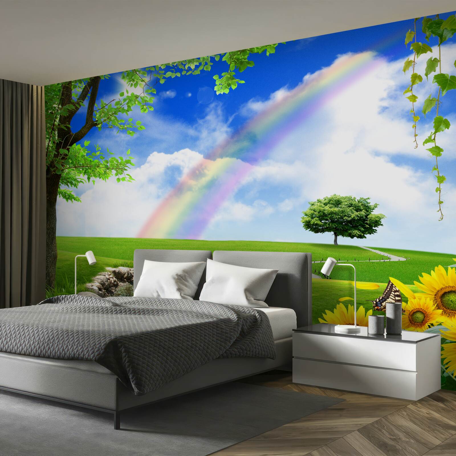 Fotobehang gekleurde gloed over een groene open plek