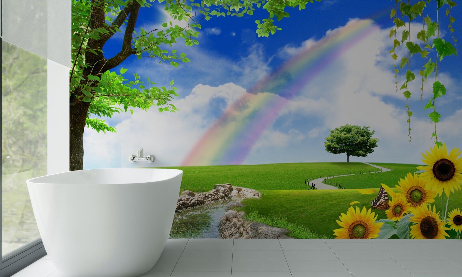 Fotobehang gekleurde gloed over een groene open plek