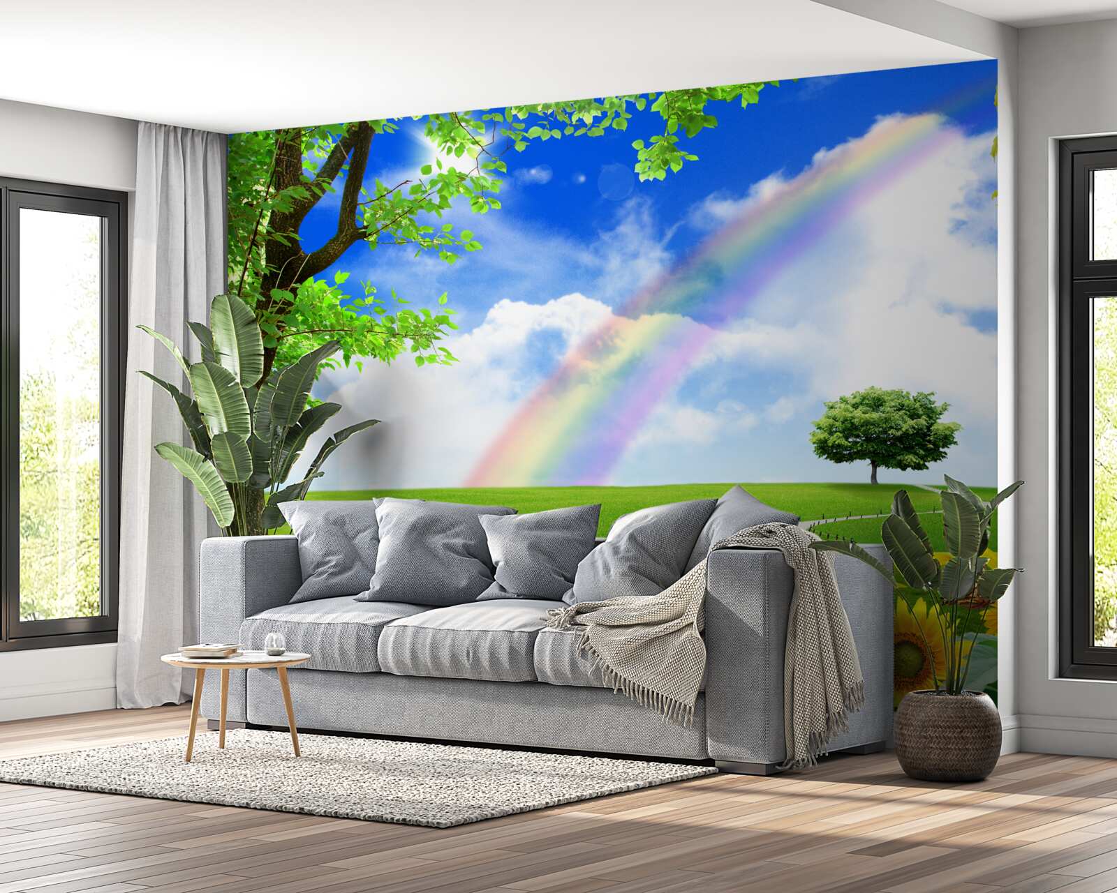 Fotobehang gekleurde gloed over een groene open plek