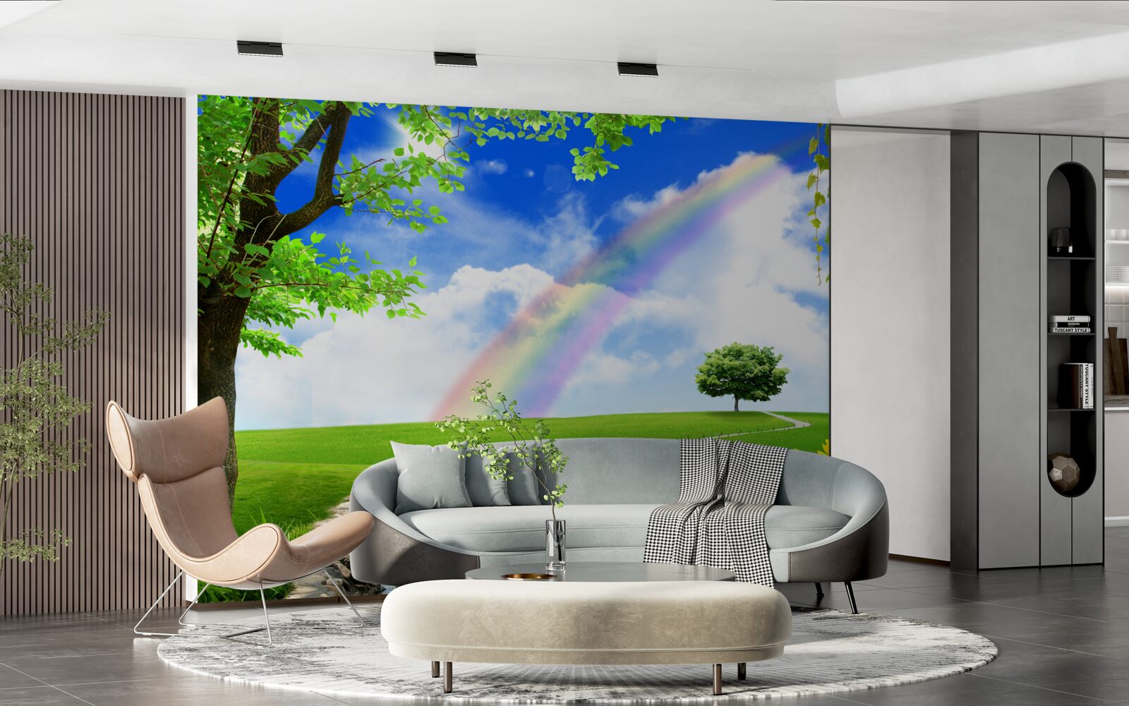 Fotobehang gekleurde gloed over een groene open plek