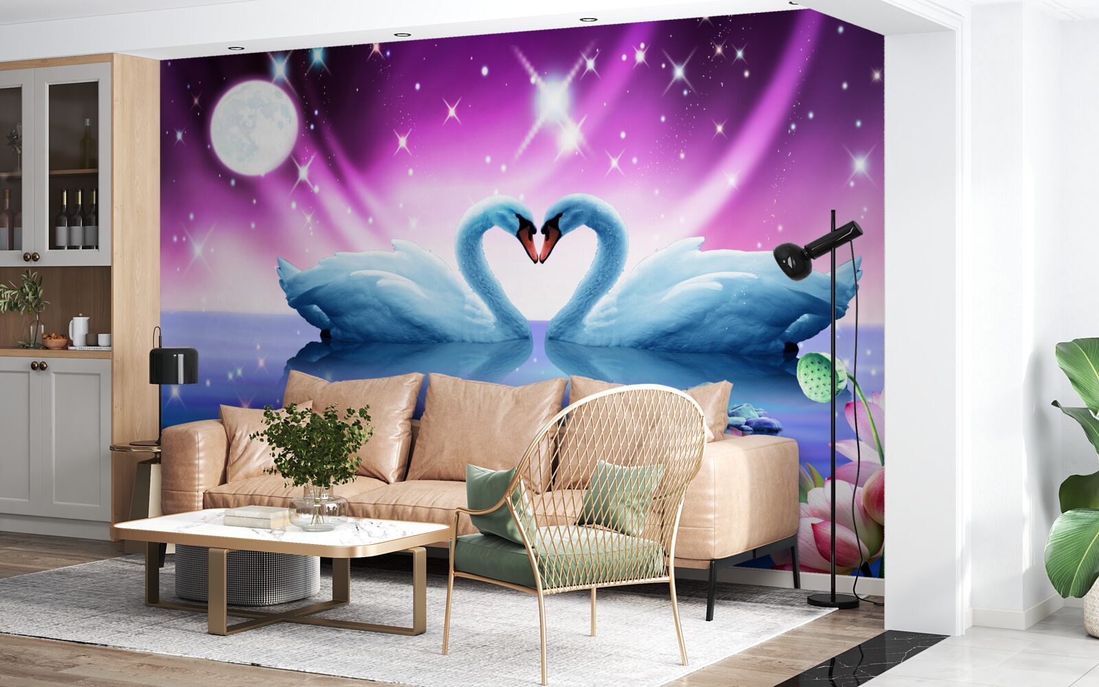 Fotobehang verliefde zwanen vormen een hart