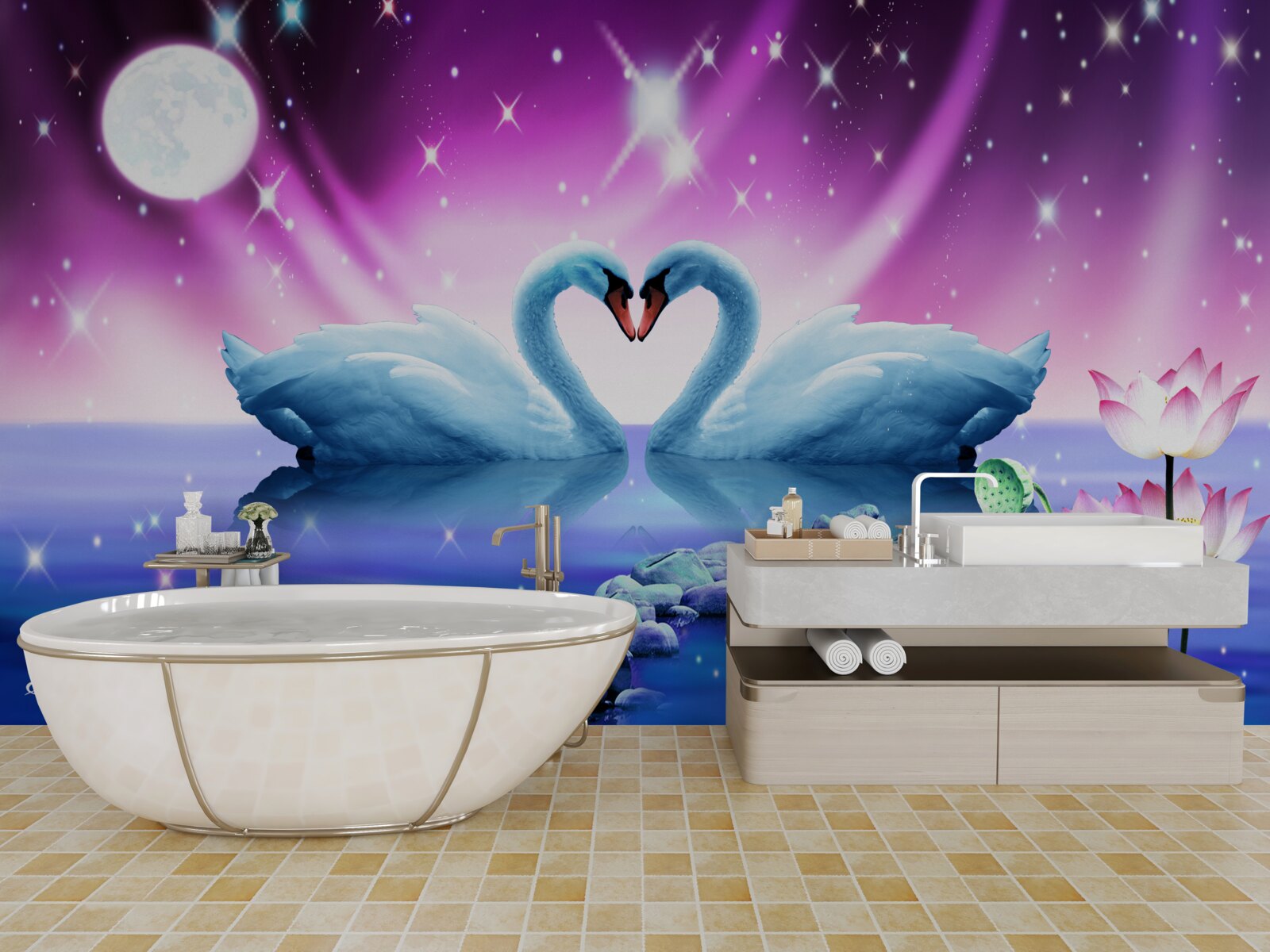 Fotobehang verliefde zwanen vormen een hart