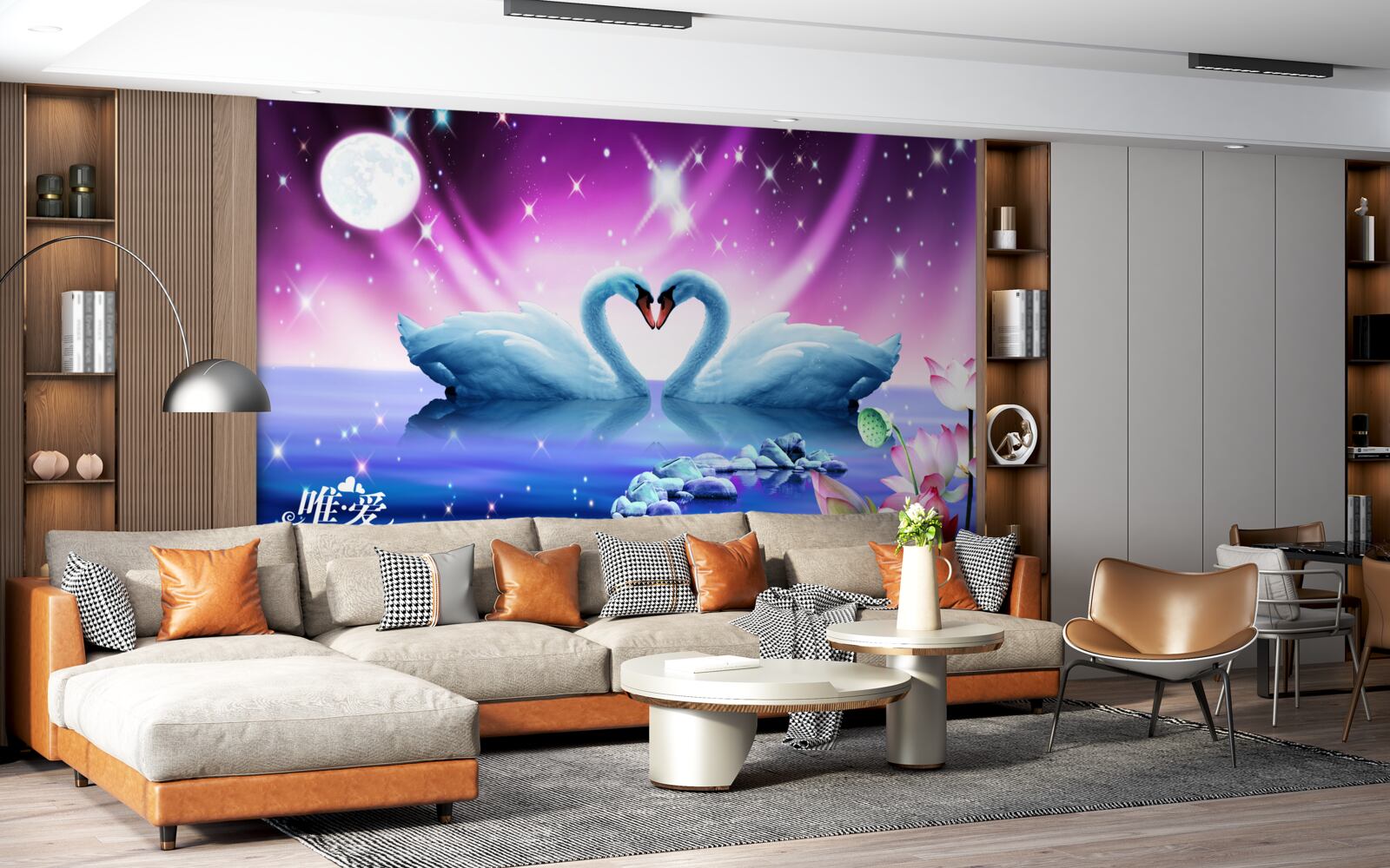 Fotobehang verliefde zwanen vormen een hart