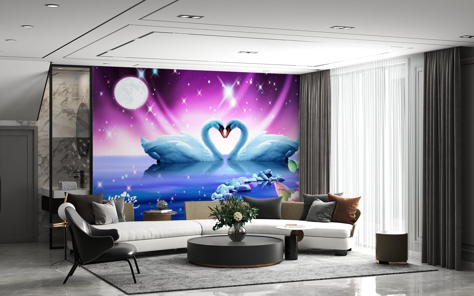 Fotobehang verliefde zwanen vormen een hart