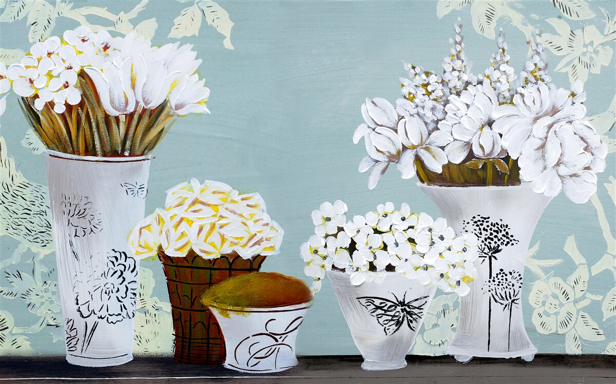 Fotobehang vazen met boeketten bloemen