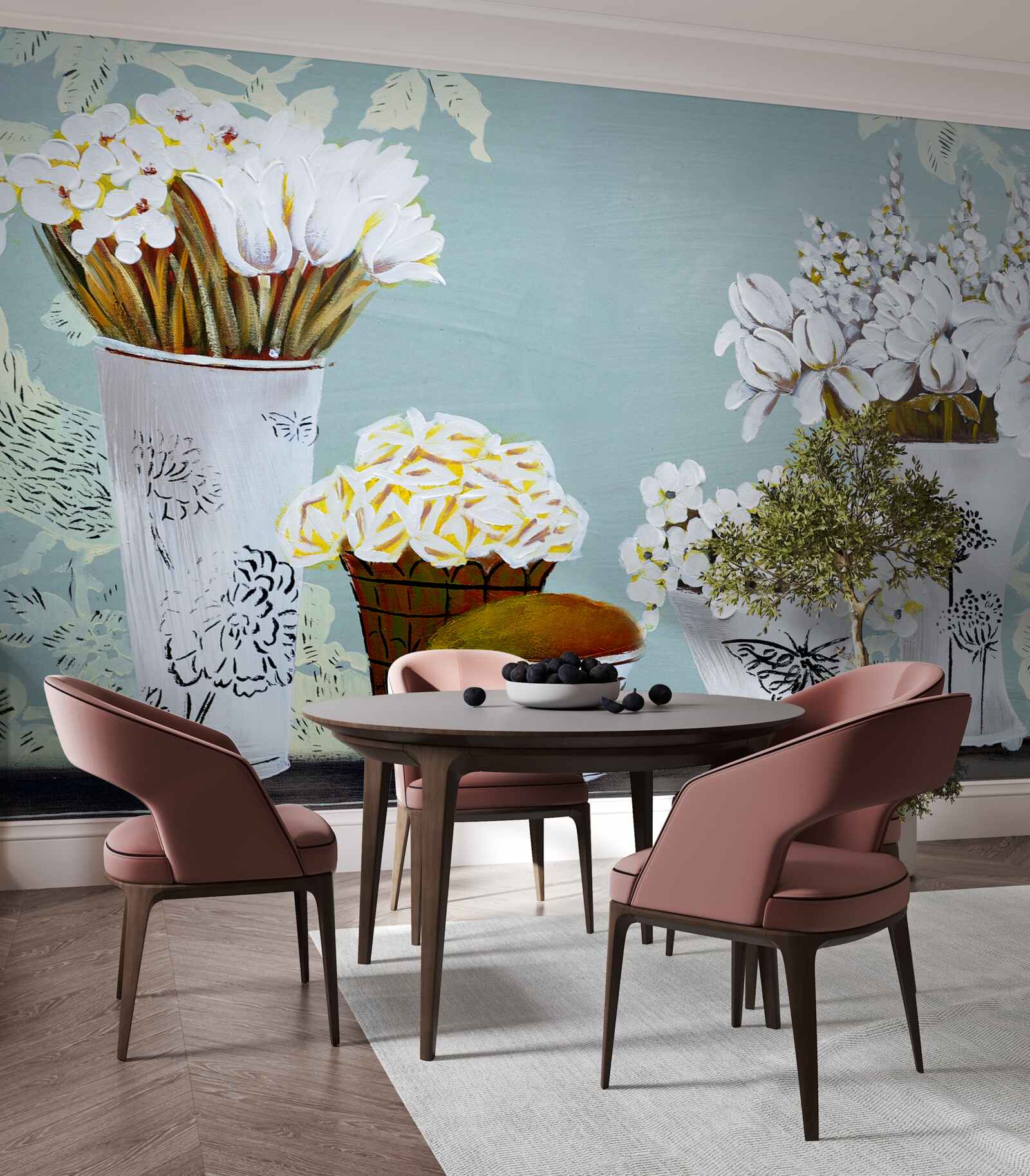 Fotobehang vazen met boeketten bloemen