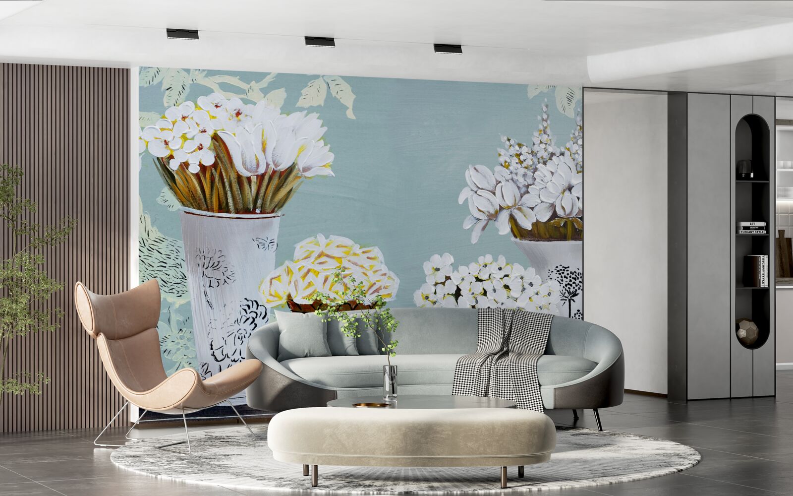 Fotobehang vazen met boeketten bloemen