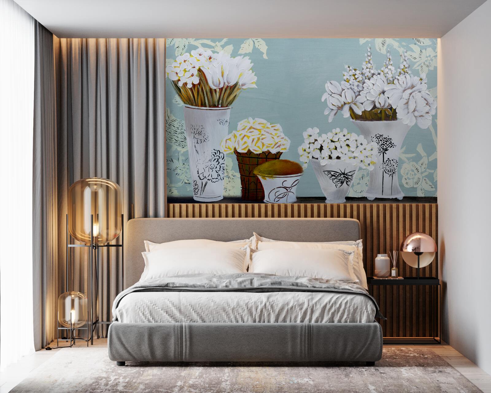 Fotobehang vazen met boeketten bloemen