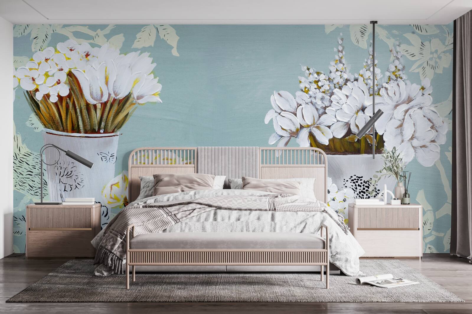 Fotobehang vazen met boeketten bloemen