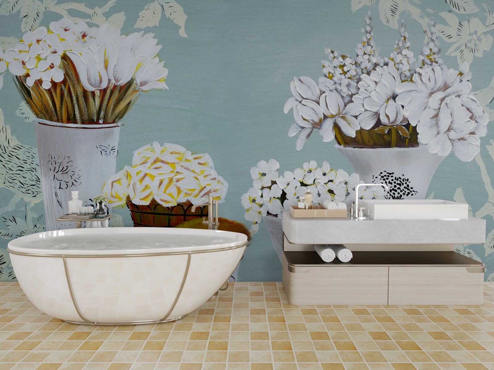 Fotobehang vazen met boeketten bloemen