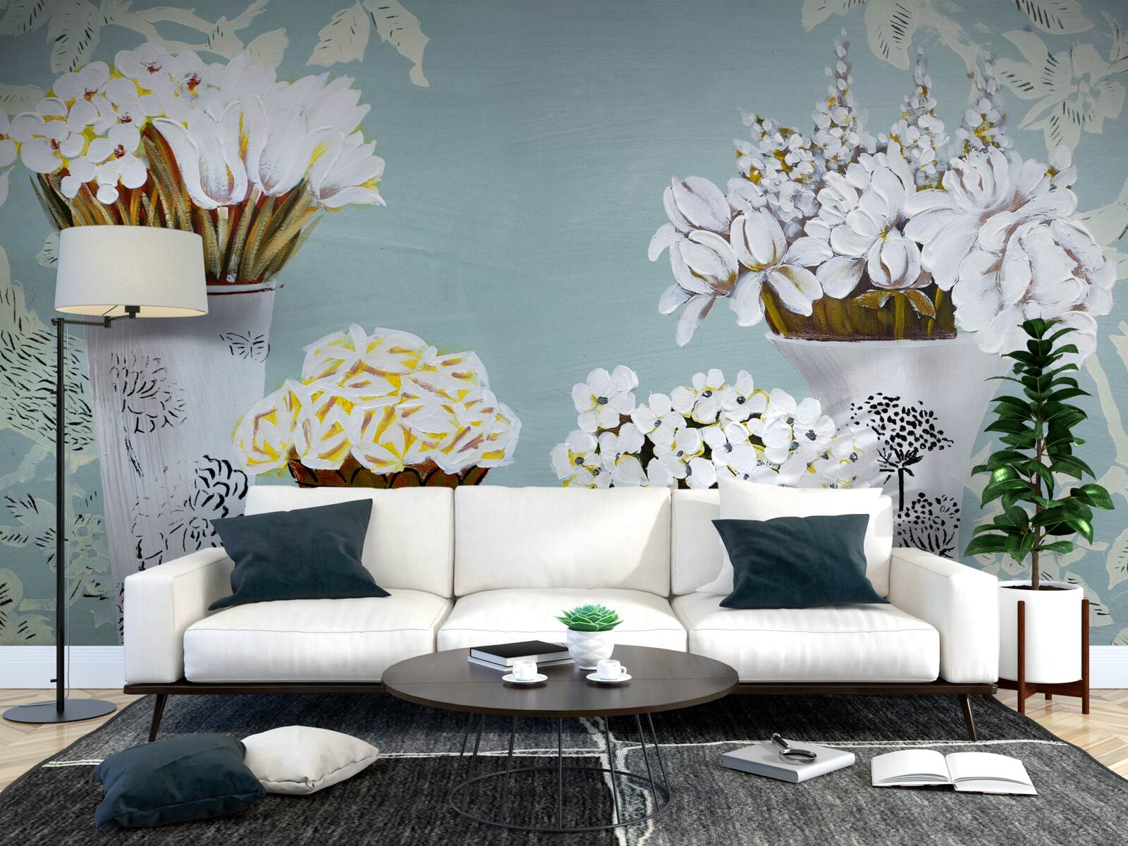 Fotobehang vazen met boeketten bloemen