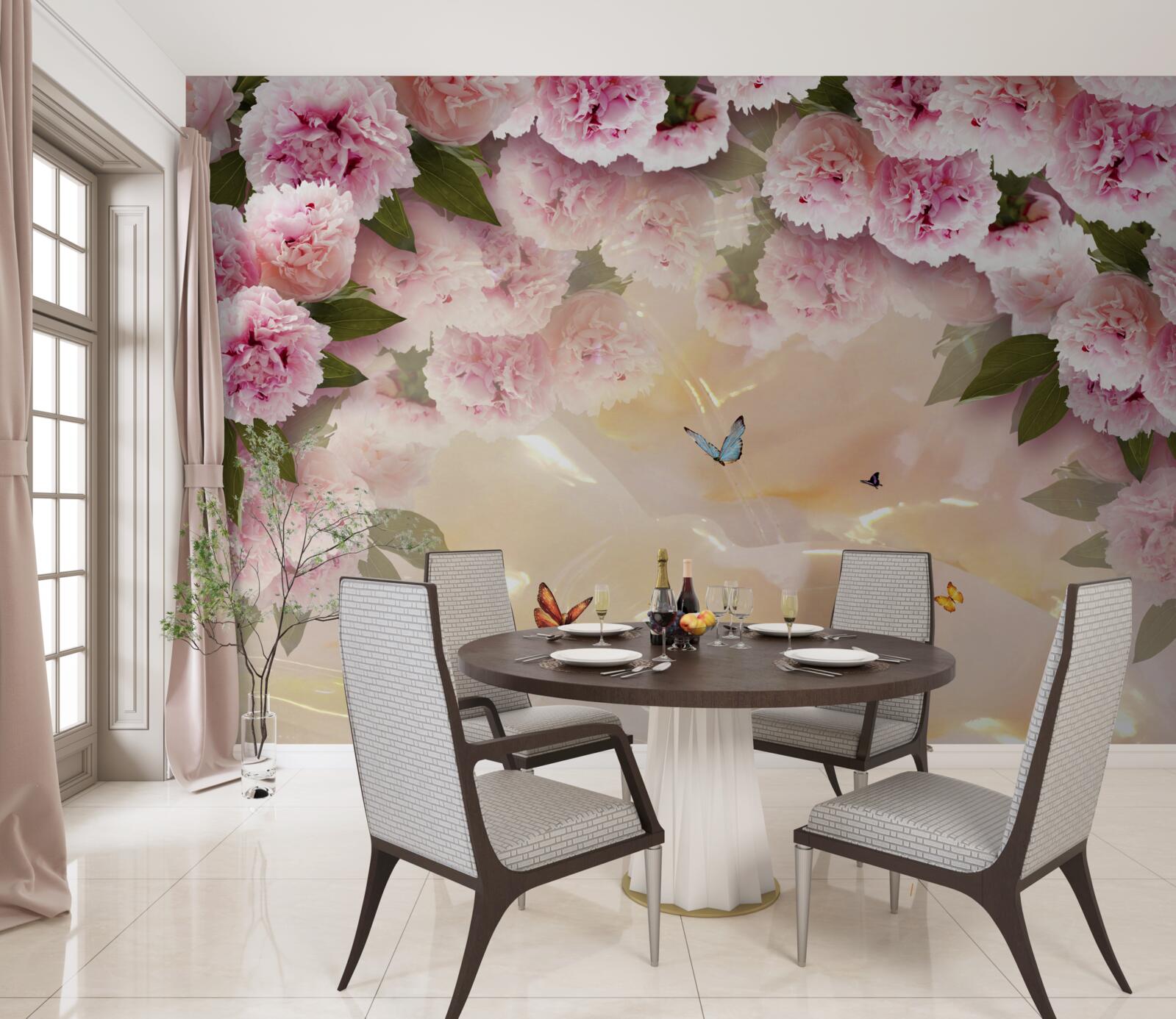 Fotobehang delicate papillons en roze bloemen